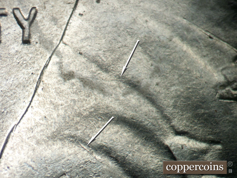 Die-stage B marker on 1943P•1DO•032 (1943 Doubled Die Obverse).