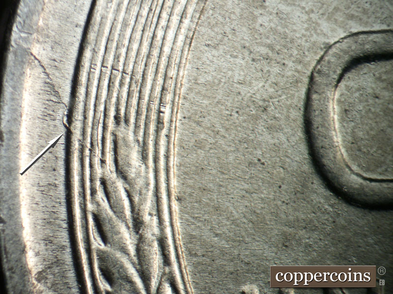 Die-stage B marker on 1943P•1DO•032 (1943 Doubled Die Obverse).