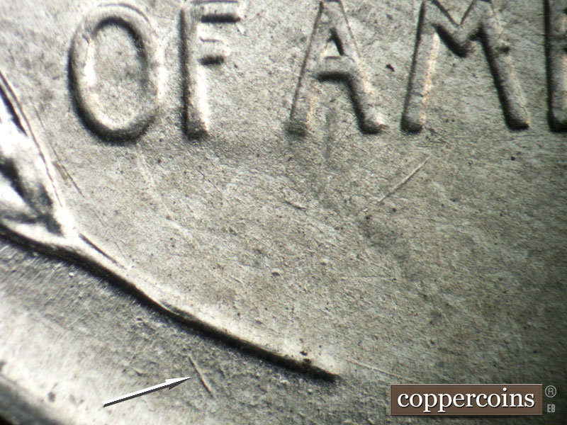 Die-stage B marker on 1943P•1DO•032 (1943 Doubled Die Obverse).
