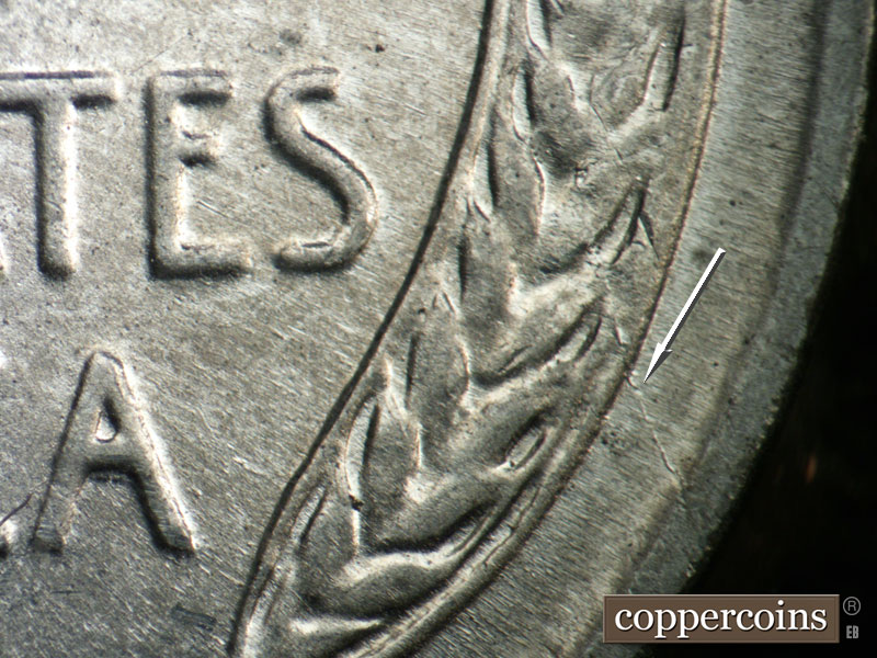 Die-stage B marker on 1943P•1DO•032 (1943 Doubled Die Obverse).