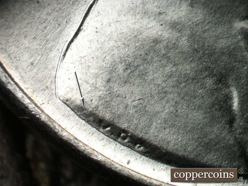 Die-stage B marker on 1943P•1DO•033 (1943 Doubled Die Obverse).