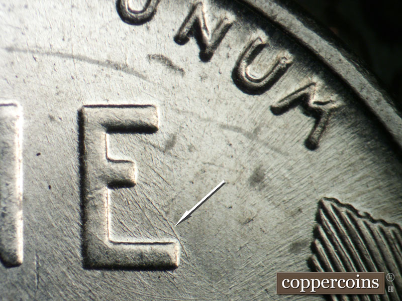 Die-stage B marker on 1943P•1DO•033 (1943 Doubled Die Obverse).