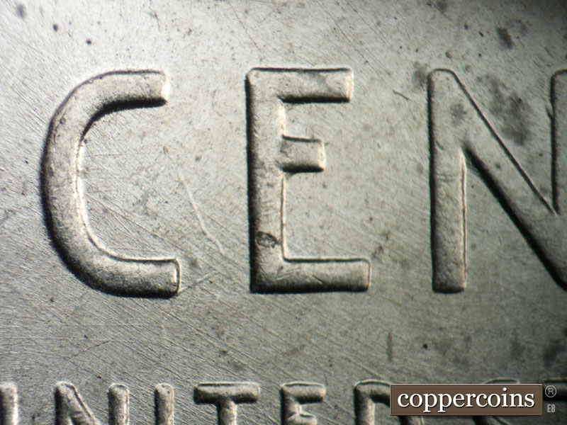 Die-stage B marker on 1943P•1DO•033 (1943 Doubled Die Obverse).