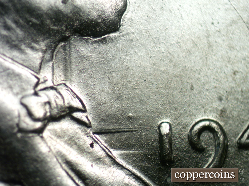 Die-stage A marker on 1943P•1DO•034 (1943 Doubled Die Obverse).
