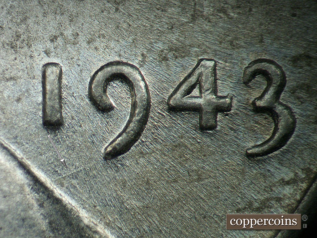 Die-stage B marker on 1943P•1DO•036 showing SW die scratch from bottom tip of 9 in date.