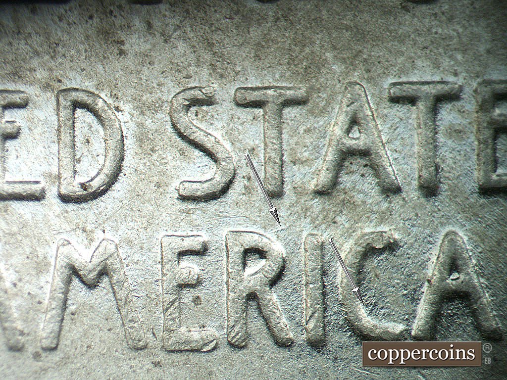 Die-stage B marker on 1943P•1DO•036 showing Short ENE die scratch from top of R in AMERICA, Short NE die scratch inside C in AMERICA.
