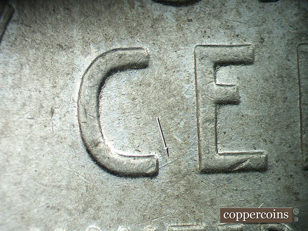 Die-stage B marker on 1943P•1DO•036 showing NE die scratch from lower C in CENT.