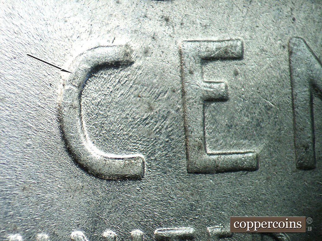 Die-stage B marker on 1943P•1DO•038 showing Die crack on C in CENT.