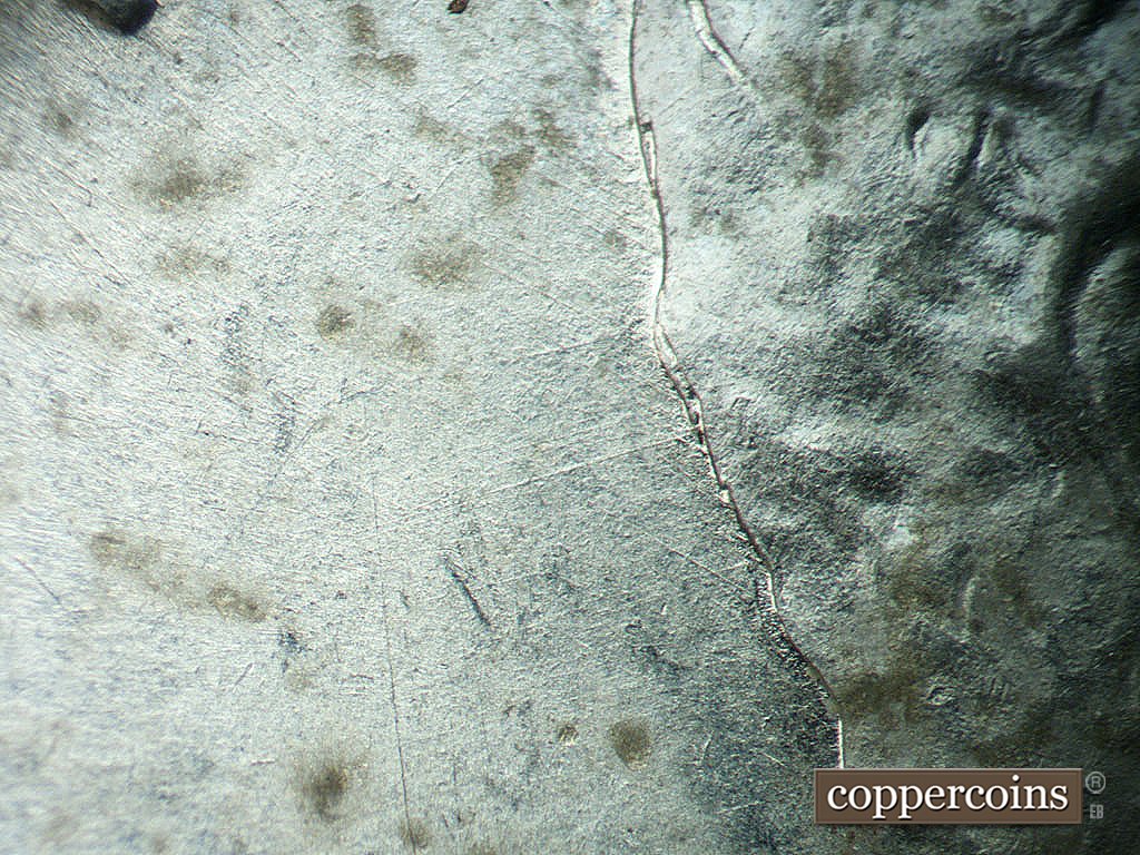 Die-stage B marker on 1943P•1DO•039 showing WSW die scratches from back of hair.