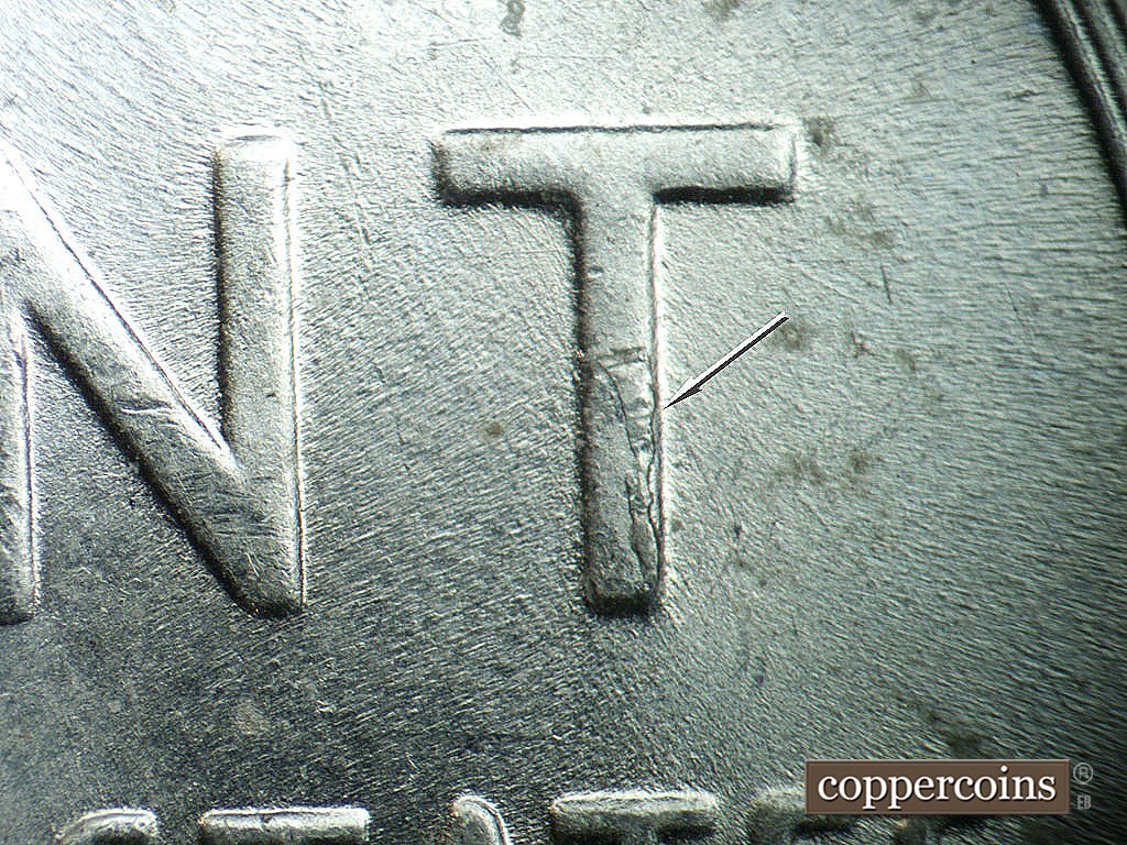 Die-stage B marker on 1943P•1DO•039 showing Die chipping on lower T in CENT.
