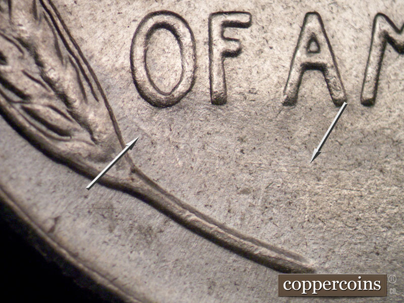 Die-stage B marker on 1943P•1DR•002 (1943 Doubled Die Reverse).