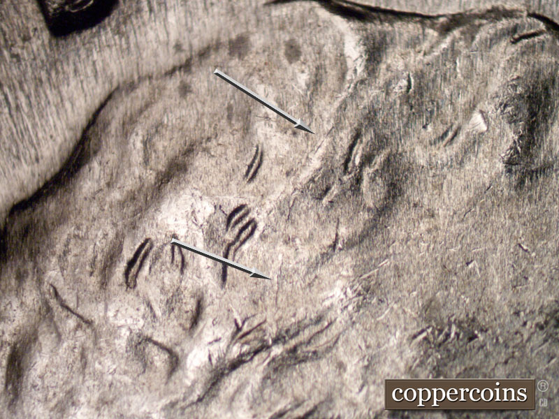 Die-stage B marker on 1943P•1DR•002 (1943 Doubled Die Reverse).