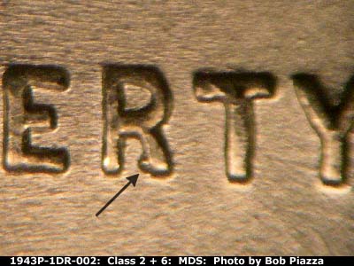 Die-stage B marker on 1943P•1DR•002 (1943 Doubled Die Reverse).