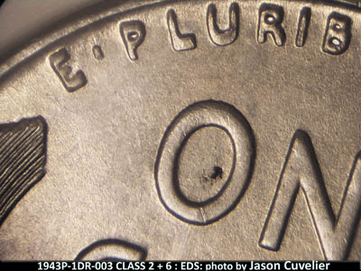 Die-stage A marker on 1943P•1DR•003 (1943 Doubled Die Reverse).