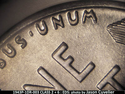 Die-stage A marker on 1943P•1DR•003 (1943 Doubled Die Reverse).