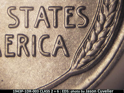 Die-stage A marker on 1943P•1DR•003 (1943 Doubled Die Reverse).