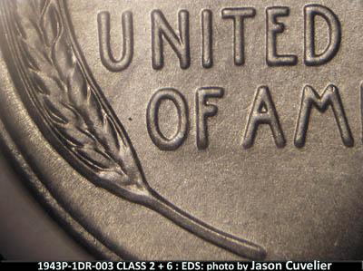 Die-stage A marker on 1943P•1DR•003 (1943 Doubled Die Reverse).