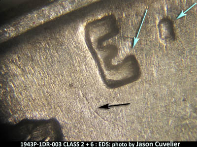 Die-stage A marker on 1943P•1DR•003 (1943 Doubled Die Reverse).