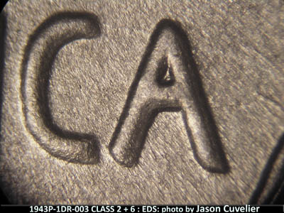 Die-stage A marker on 1943P•1DR•003 (1943 Doubled Die Reverse).