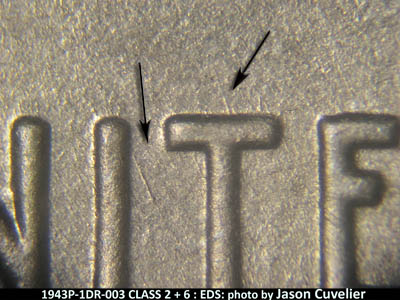 Die-stage A marker on 1943P•1DR•003 (1943 Doubled Die Reverse).