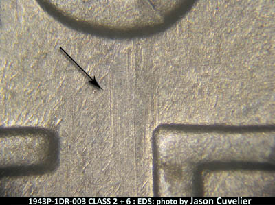 Die-stage A marker on 1943P•1DR•003 (1943 Doubled Die Reverse).