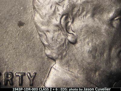 Die-stage A marker on 1943P•1DR•003 (1943 Doubled Die Reverse).