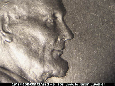 Die-stage A marker on 1943P•1DR•003 (1943 Doubled Die Reverse).
