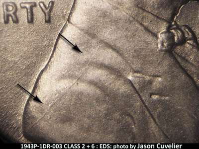 Die-stage A marker on 1943P•1DR•003 (1943 Doubled Die Reverse).