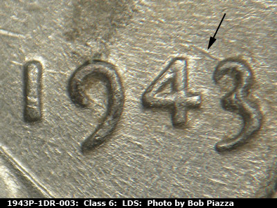 Die-stage C marker on 1943P•1DR•003 (1943 Doubled Die Reverse).