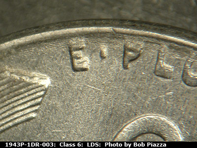 Die-stage C marker on 1943P•1DR•003 (1943 Doubled Die Reverse).