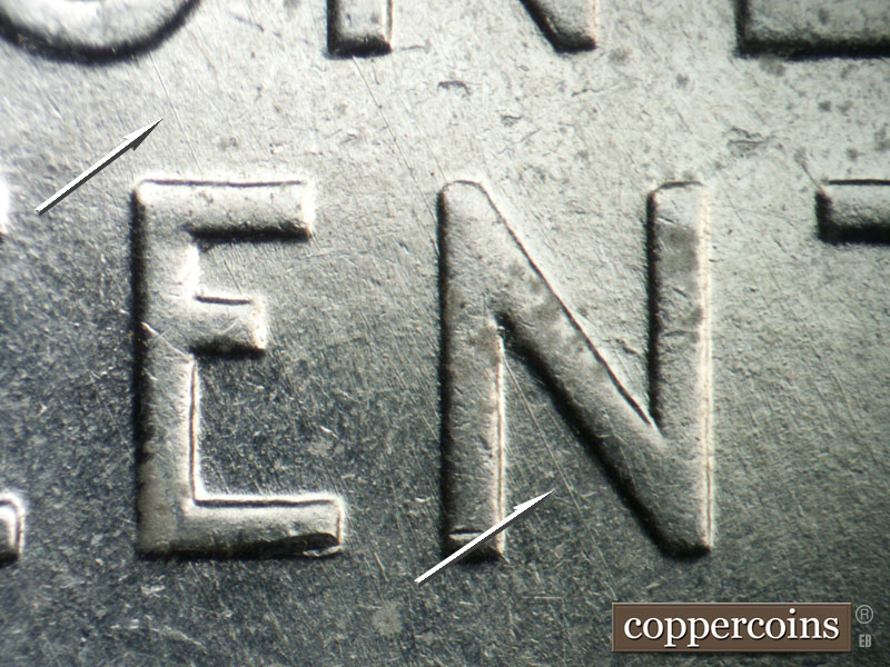 Die-stage B marker on 1943P•1DR•004 (1943 Doubled Die Reverse).