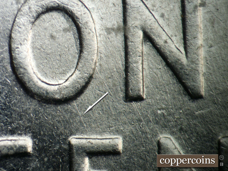 Die-stage B marker on 1943P•1DR•004 (1943 Doubled Die Reverse).