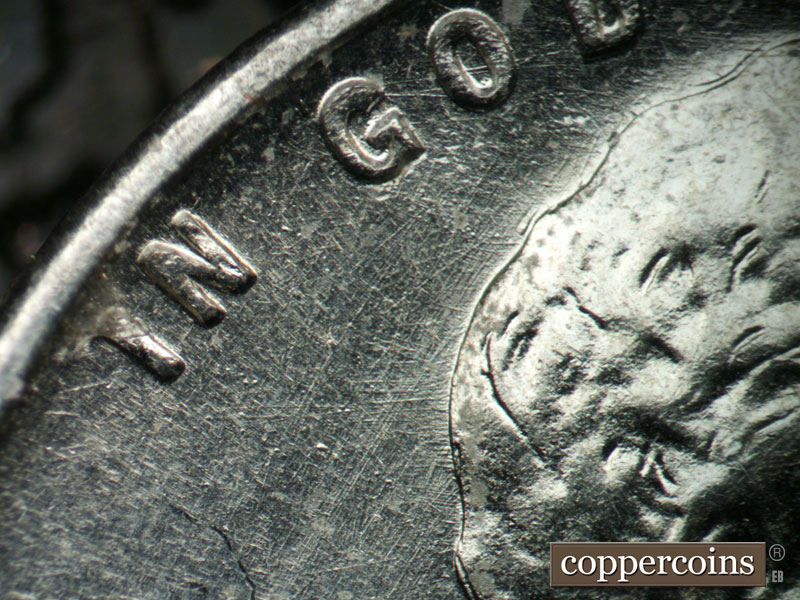Die-stage B marker on 1943P•1DR•004 (1943 Doubled Die Reverse).