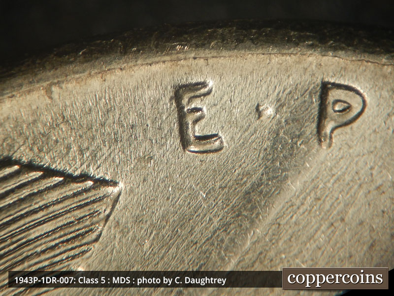 1943 Lincoln cent obverse, CopperCoins die 1943P•1DR•007.