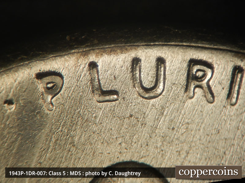 Die-stage B marker on 1943P•1DR•007 (1943 Doubled Die Reverse).