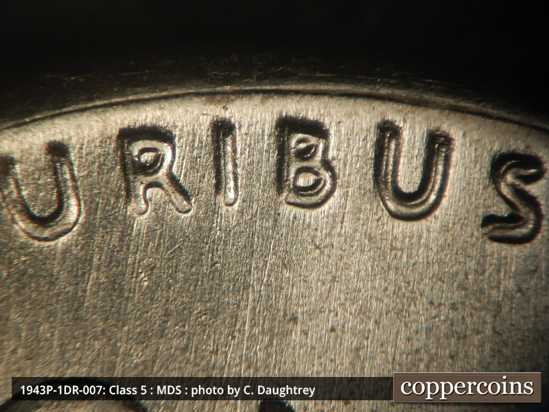 Die-stage B marker on 1943P•1DR•007 (1943 Doubled Die Reverse).