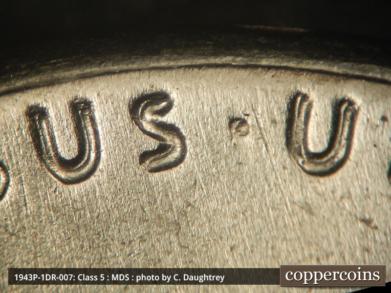 Die-stage B marker on 1943P•1DR•007 (1943 Doubled Die Reverse).
