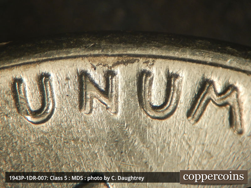 Die-stage B marker on 1943P•1DR•007 (1943 Doubled Die Reverse).