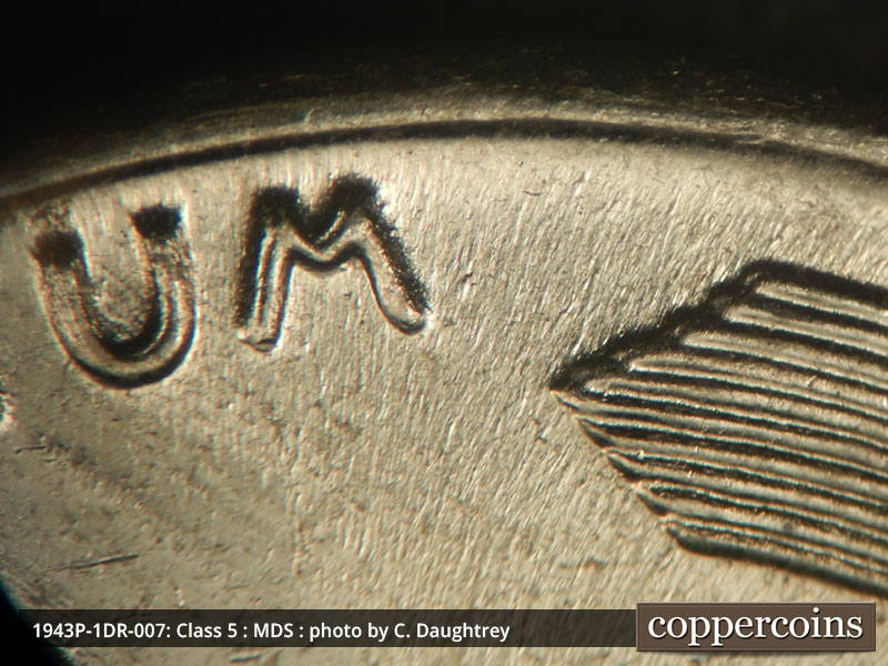 Die-stage B marker on 1943P•1DR•007 (1943 Doubled Die Reverse).