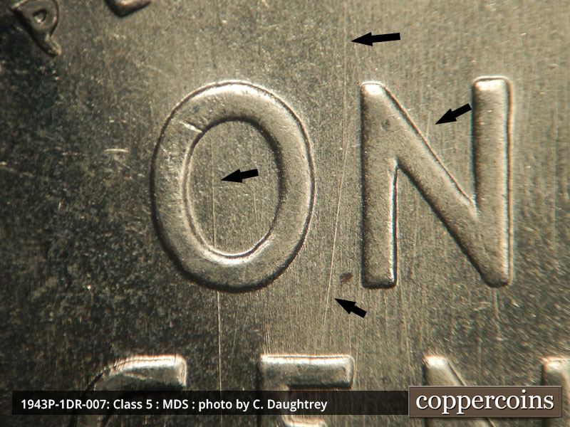 Die-stage B marker on 1943P•1DR•007 (1943 Doubled Die Reverse).