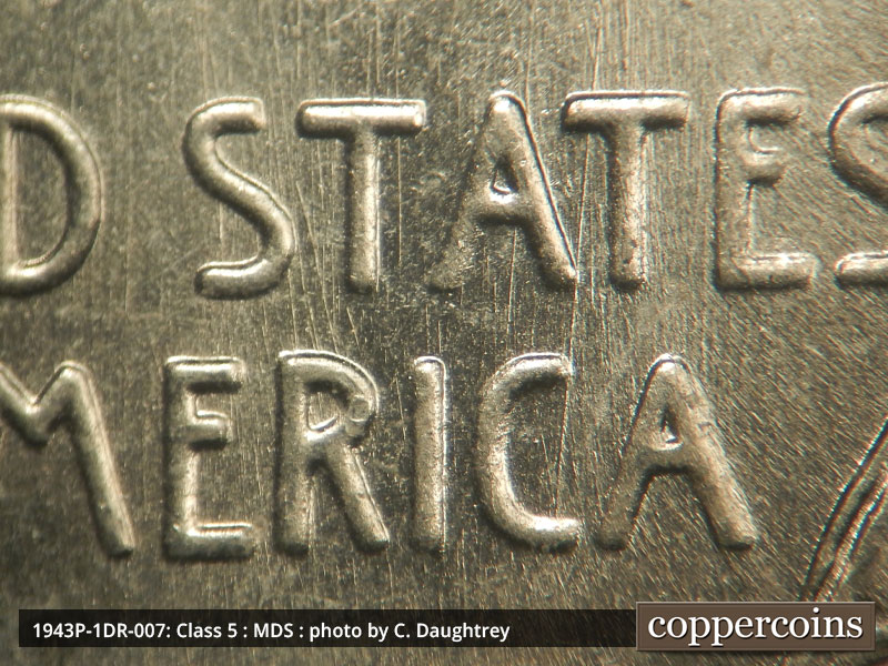 Die-stage B marker on 1943P•1DR•007 (1943 Doubled Die Reverse).