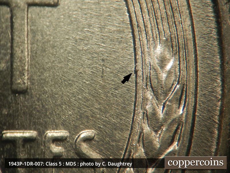 Die-stage B marker on 1943P•1DR•007 (1943 Doubled Die Reverse).