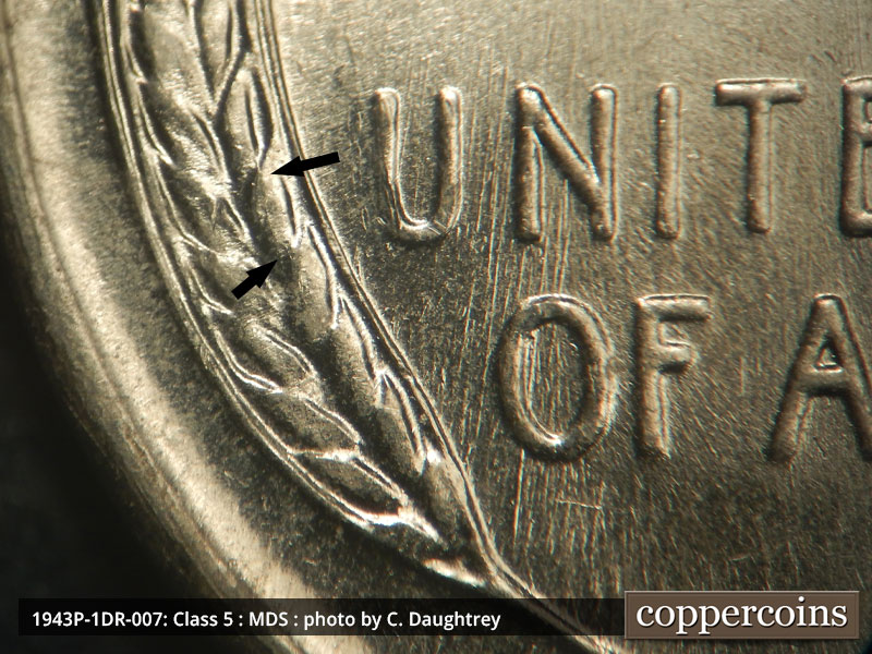 Die-stage B marker on 1943P•1DR•007 (1943 Doubled Die Reverse).
