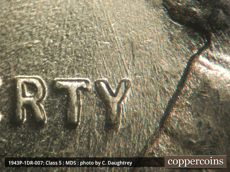 Die-stage B marker on 1943P•1DR•007 (1943 Doubled Die Reverse).
