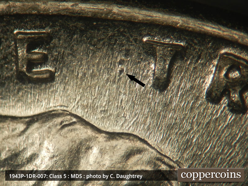 Die-stage B marker on 1943P•1DR•007 (1943 Doubled Die Reverse).