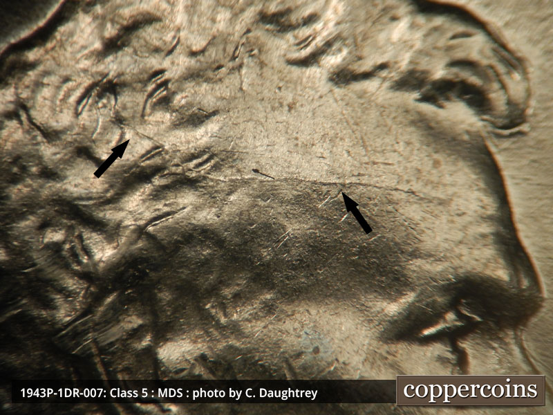 Die-stage B marker on 1943P•1DR•007 (1943 Doubled Die Reverse).