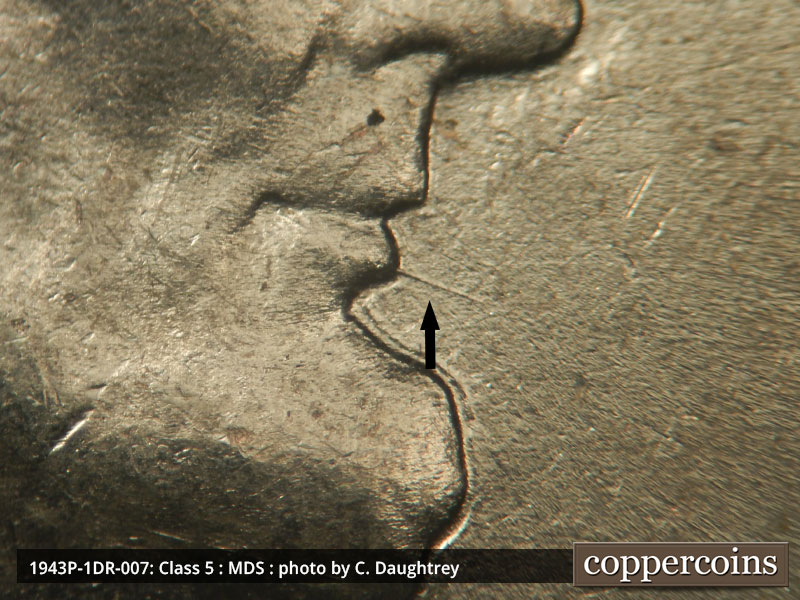 Die-stage B marker on 1943P•1DR•007 (1943 Doubled Die Reverse).