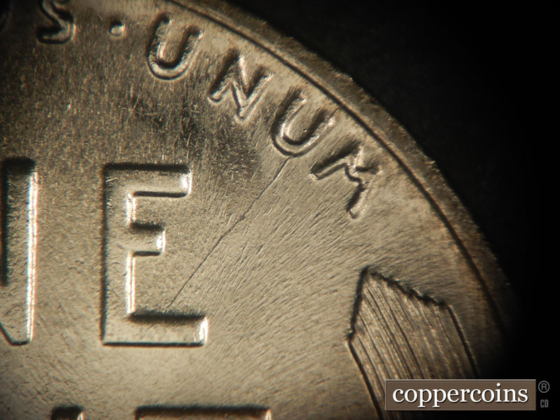 Die-stage B marker on 1943P•1DR•008 (1943 Doubled Die Reverse).