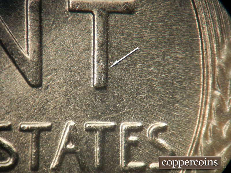 Die-stage B marker on 1943P•1DR•008 (1943 Doubled Die Reverse).