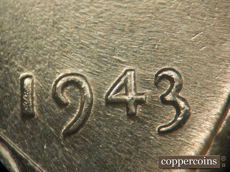 Die-stage B marker on 1943P•1DR•008 (1943 Doubled Die Reverse).